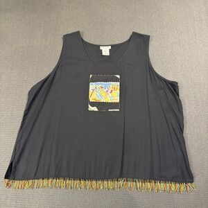 Paradiso Tank Top Size 1X Tropical Beach Print Front Cropped BEADED‎ HEM
